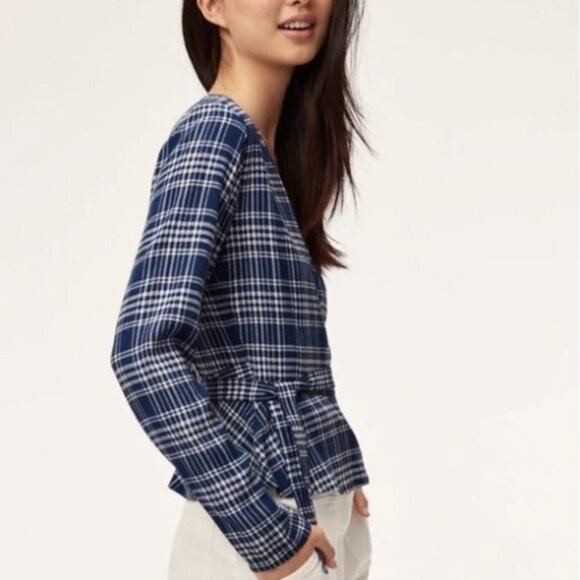 Aritzia Wilfred Free Blue and White Shannon Plaid Wrap Top Size XS - Picture 7 of 7